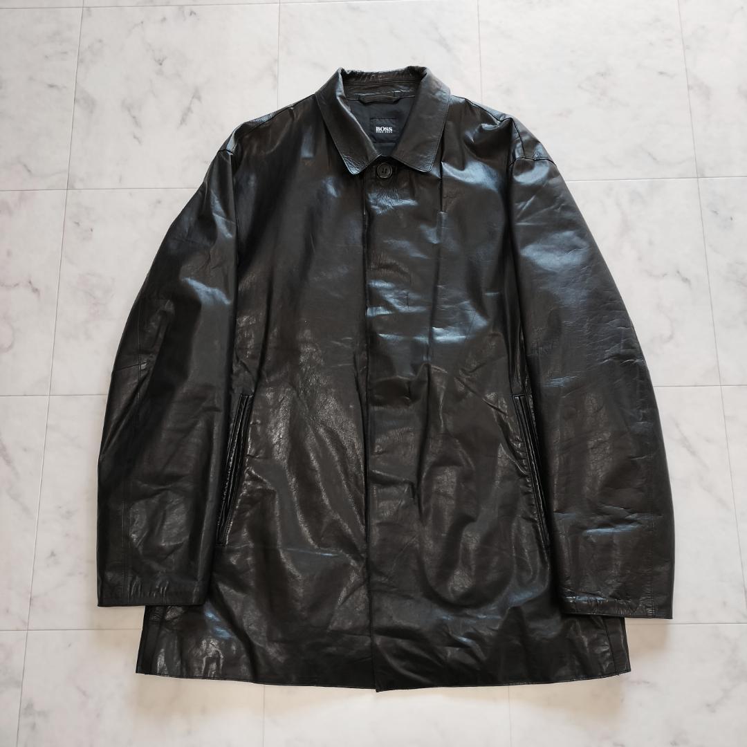 BOSS ヒューゴボス レザーカーコート 48 カーフスキン ザージャケット 黒