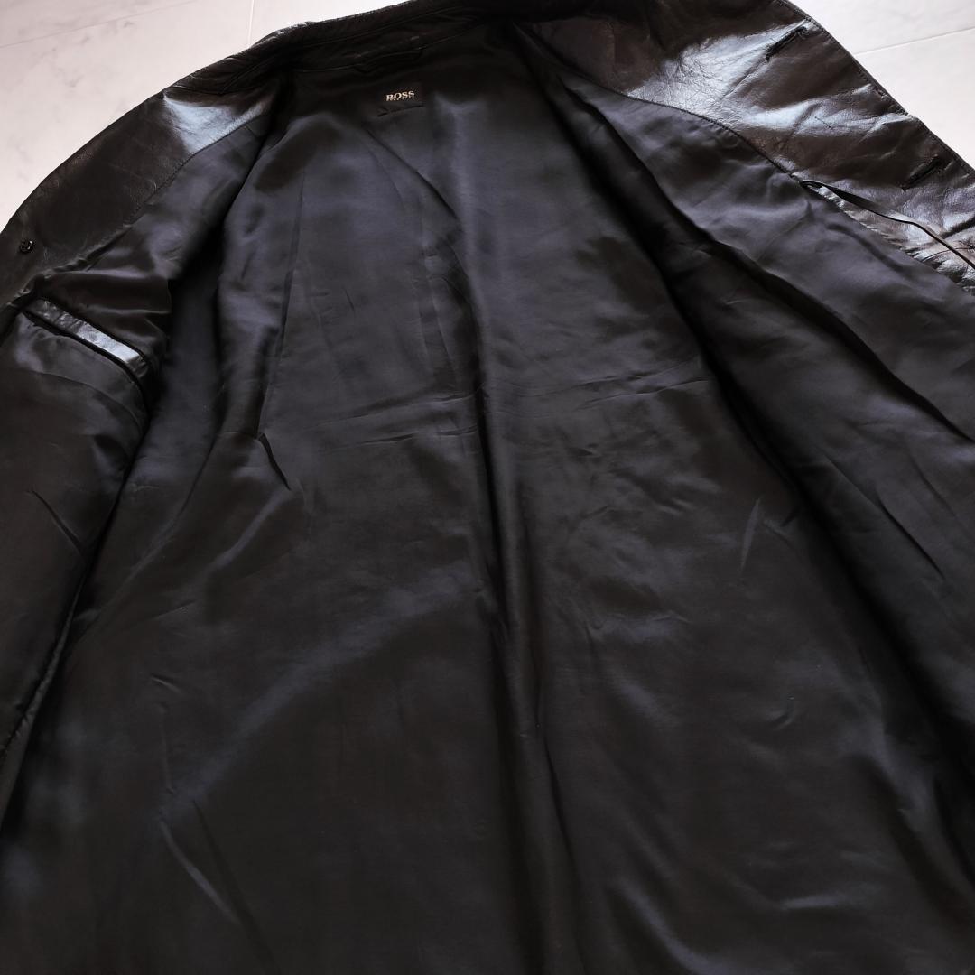 BOSS ヒューゴボス レザーカーコート 48 カーフスキン ザージャケット 黒