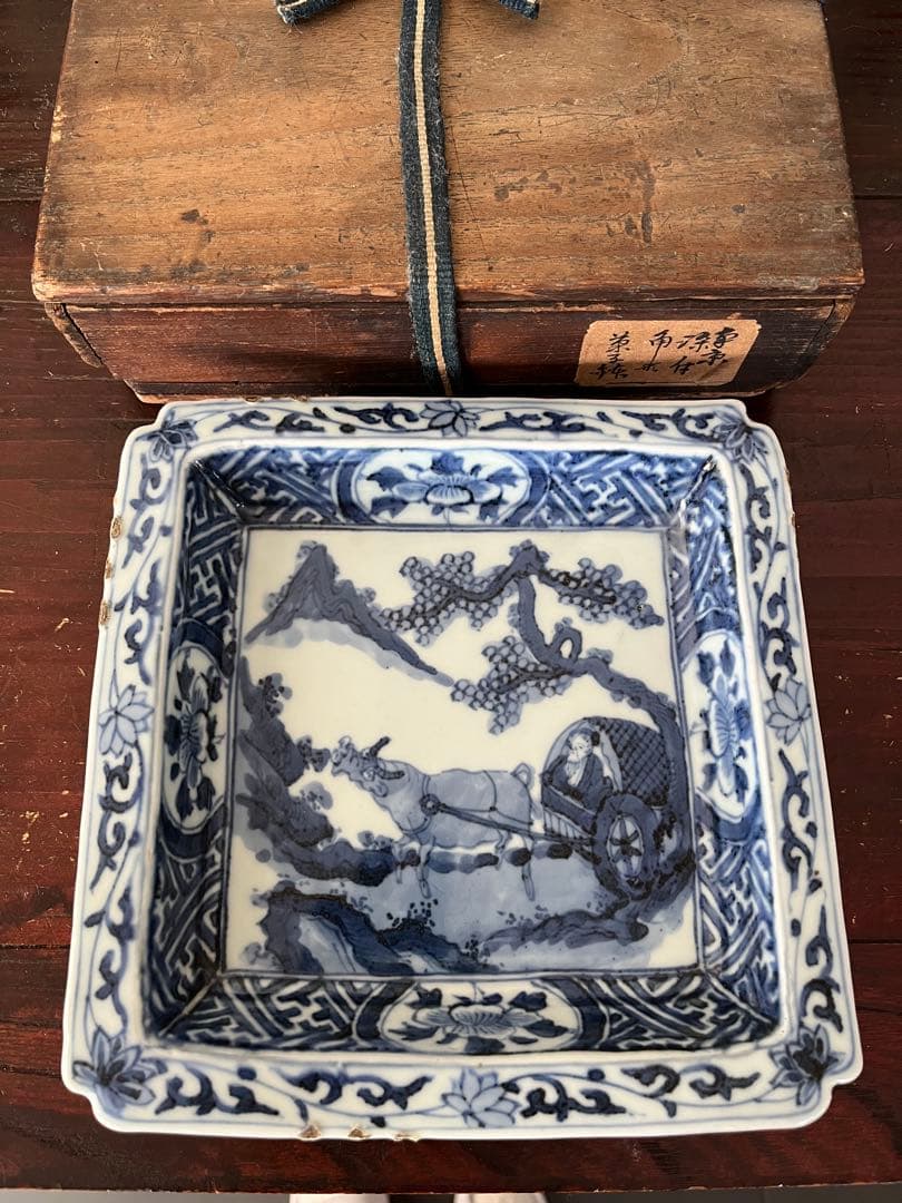 希少　中国古美術明時代　天啓古染付　牛車翁　紗綾紋　隅切角皿　古伊万里　清朝期