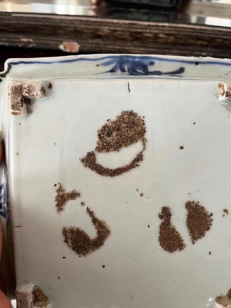 希少　中国古美術明時代　天啓古染付　牛車翁　紗綾紋　隅切角皿　古伊万里　清朝期