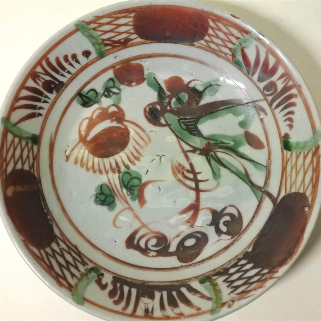 中国　明末清初　呉須赤絵　鳥　草花　中皿　骨董品　アンティーク