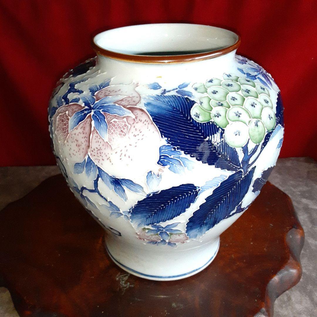 河本礫亭　青華白盛果実文　花瓶 S