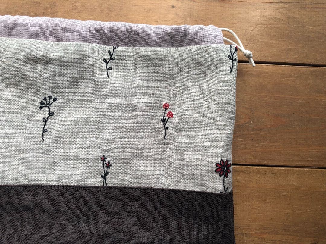 29.リネン　お花刺繍　巾着袋