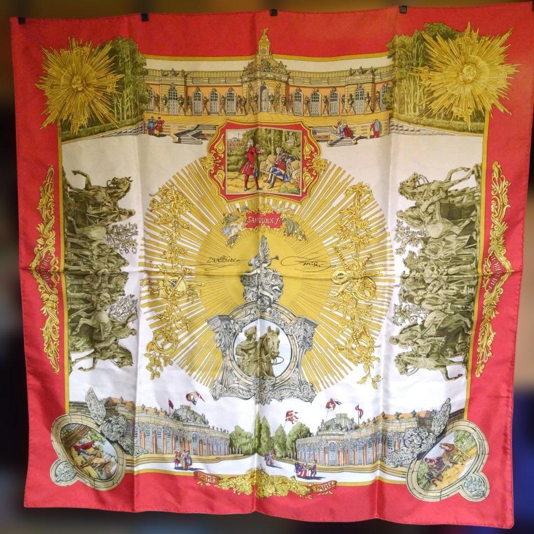 HERMES スカーフ(赤、金色)カレ90