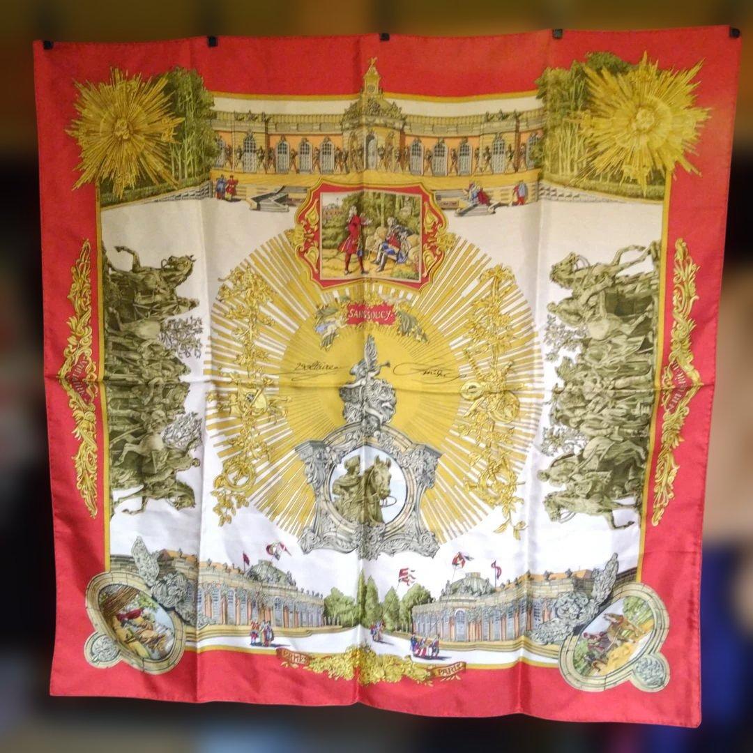 HERMES スカーフ(赤、金色)カレ90