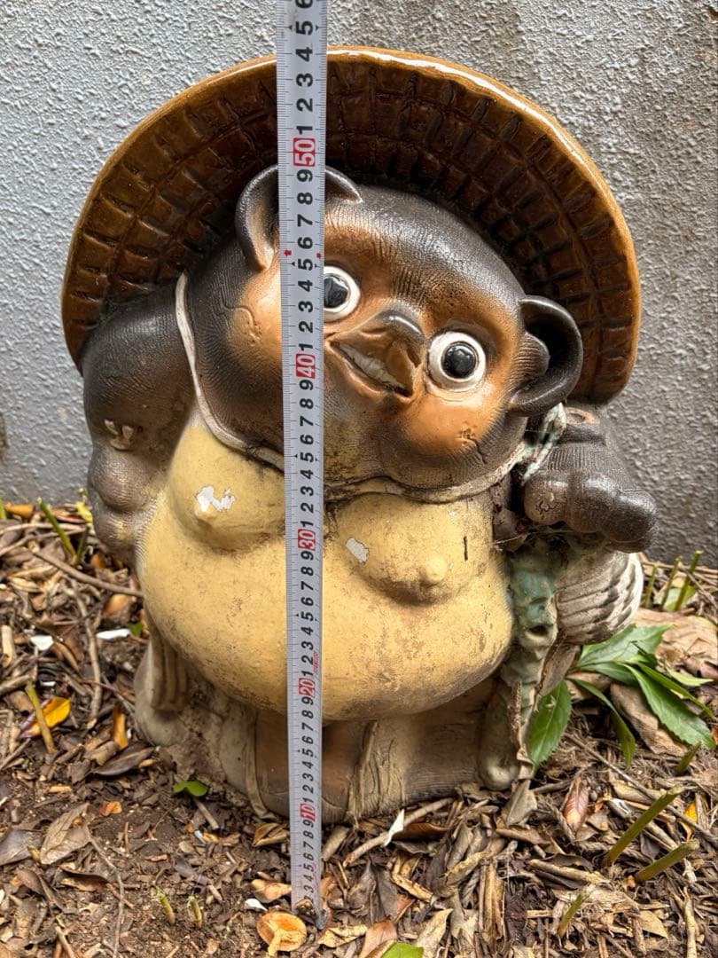 狸 縁起物 陶器製 約56cm 麦わら帽子 置物