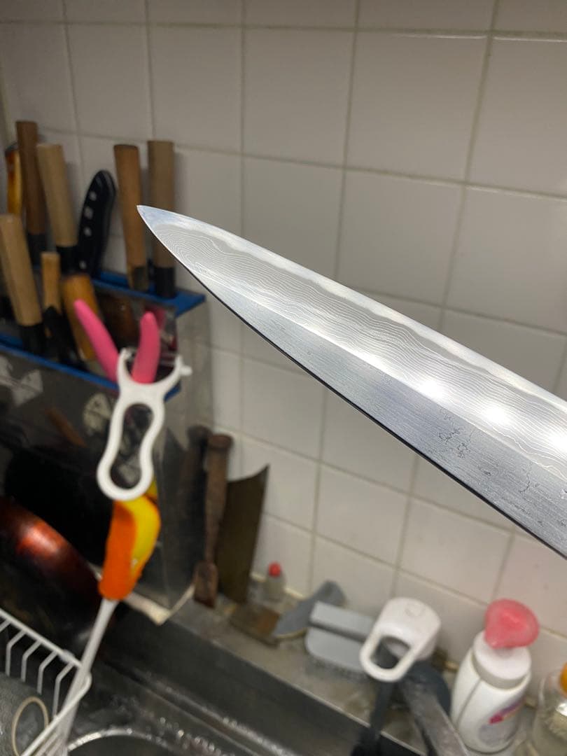 木屋　重房　柳刃包丁　ダマスカス　刃渡り尺一 天然砥石研ぎました。