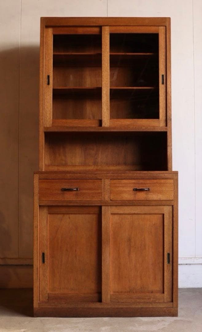 古家具 ガラス引戸キャビネット 食器棚 水屋箪笥 無垢材 古道具