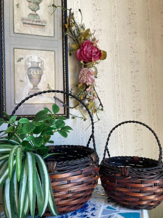 予約品★ジャパネスクバンブーバスケット大小2個セットアイアン取っ手ヴィンテージ