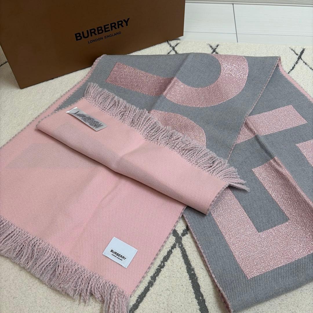 BURBERRY ロゴ入りマフラー グレー/ピンク