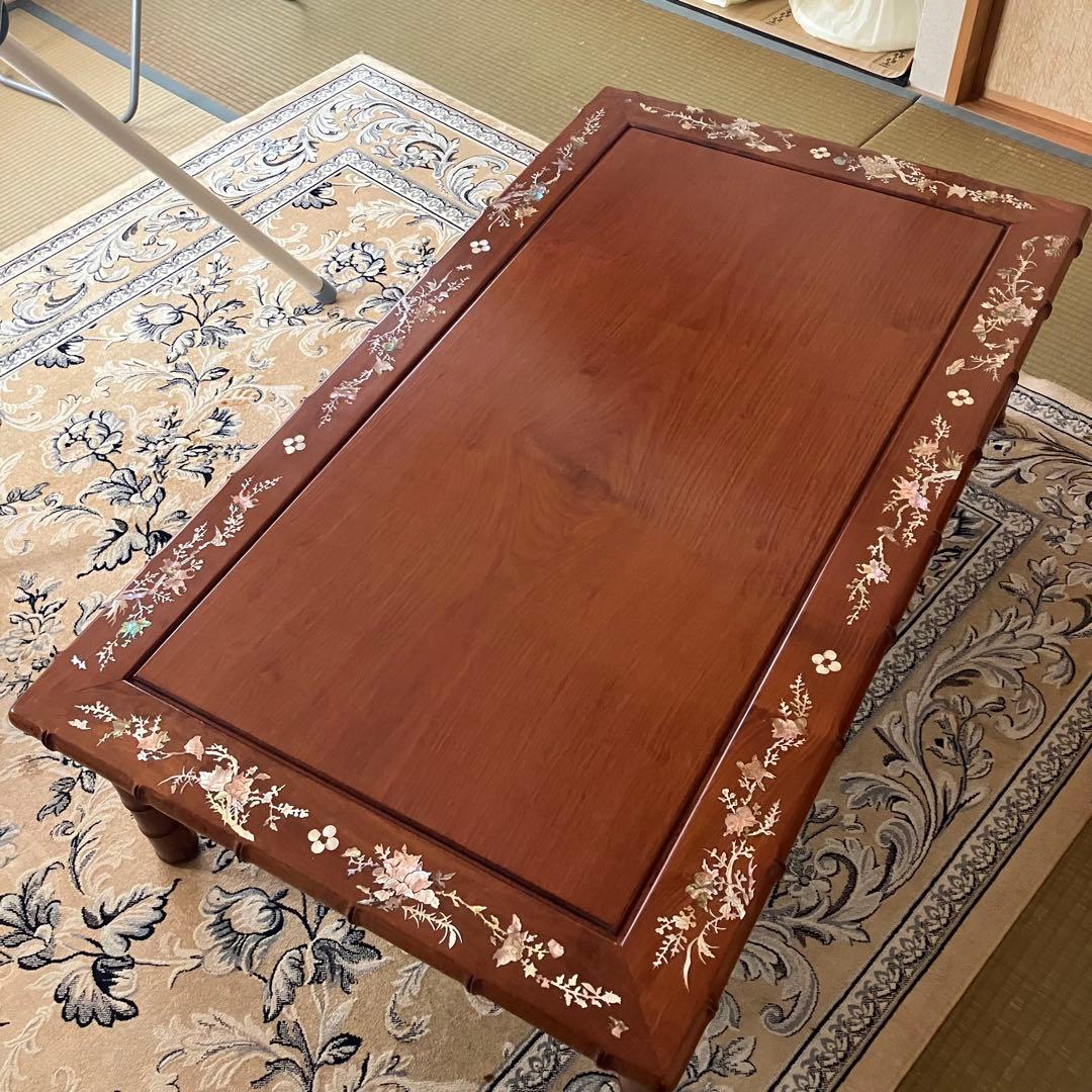 貝殻細工の花模様の木製座卓