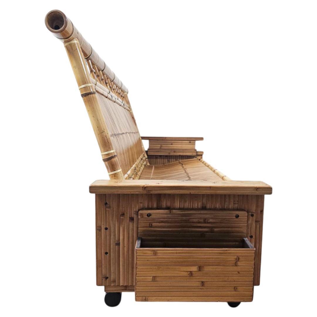 梅里竹芸 3人掛け 健康 長椅子 真竹 片肘テーブル キャスター付き バンブー