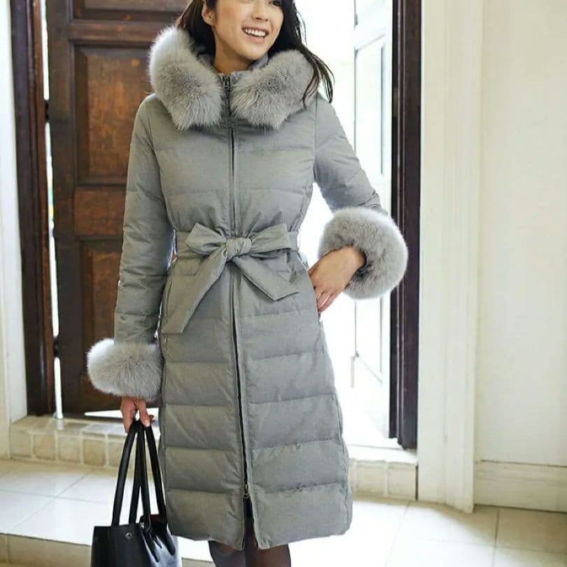 フォックスファー ロングダウンコート S グレー