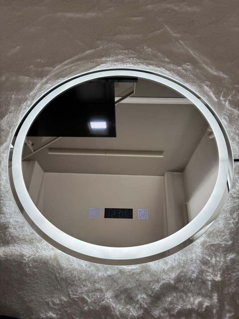 【美品】LEDライト付きミラー 直径50cm三段階調 光＋曇り止め機能付き壁掛け