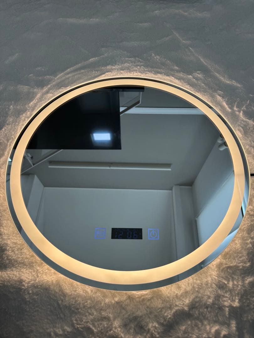 【美品】LEDライト付きミラー 直径50cm三段階調 光＋曇り止め機能付き壁掛け