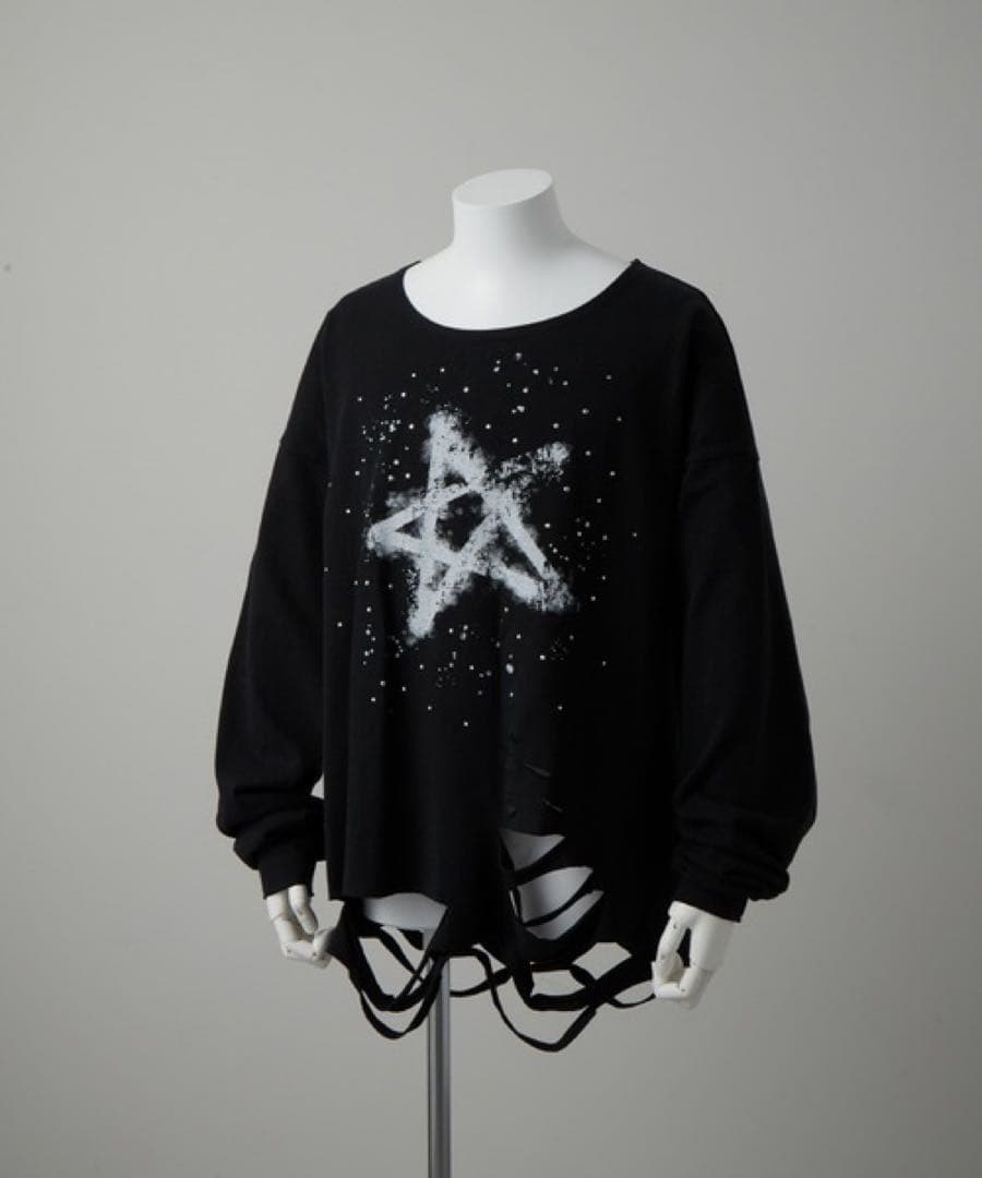 GRANCY ラインストーンデザイングラフィックダメージロンT　ブラック　M