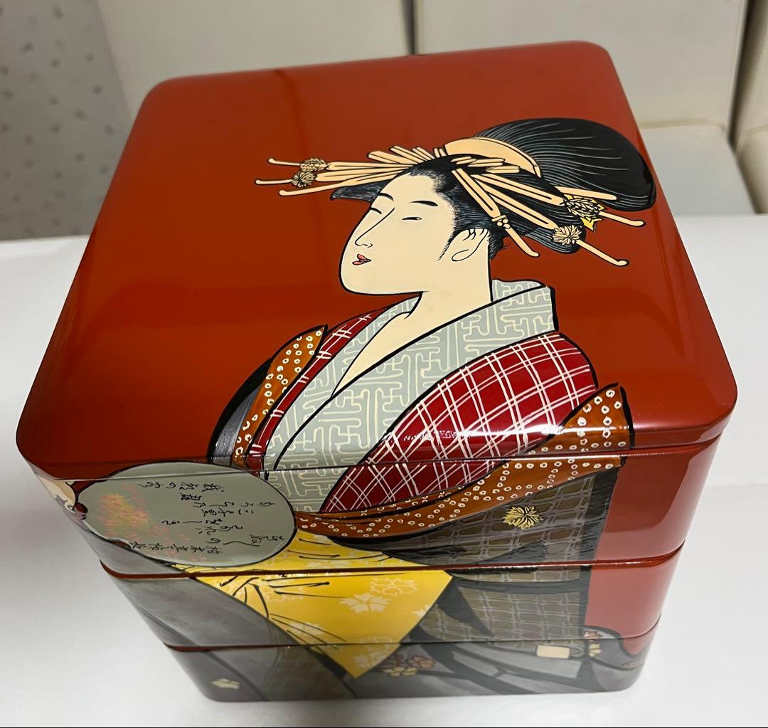 会津塗 木製三段重 朱漆 浮世絵 手書 蒔絵 うるし絵・会津絵　珍品