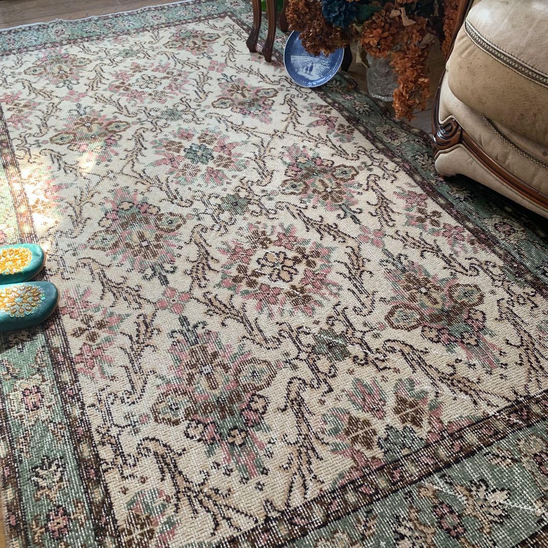 トルコヴィンテージラグ　204×108 くすみピンク　キャラメルベージュ　トルコ