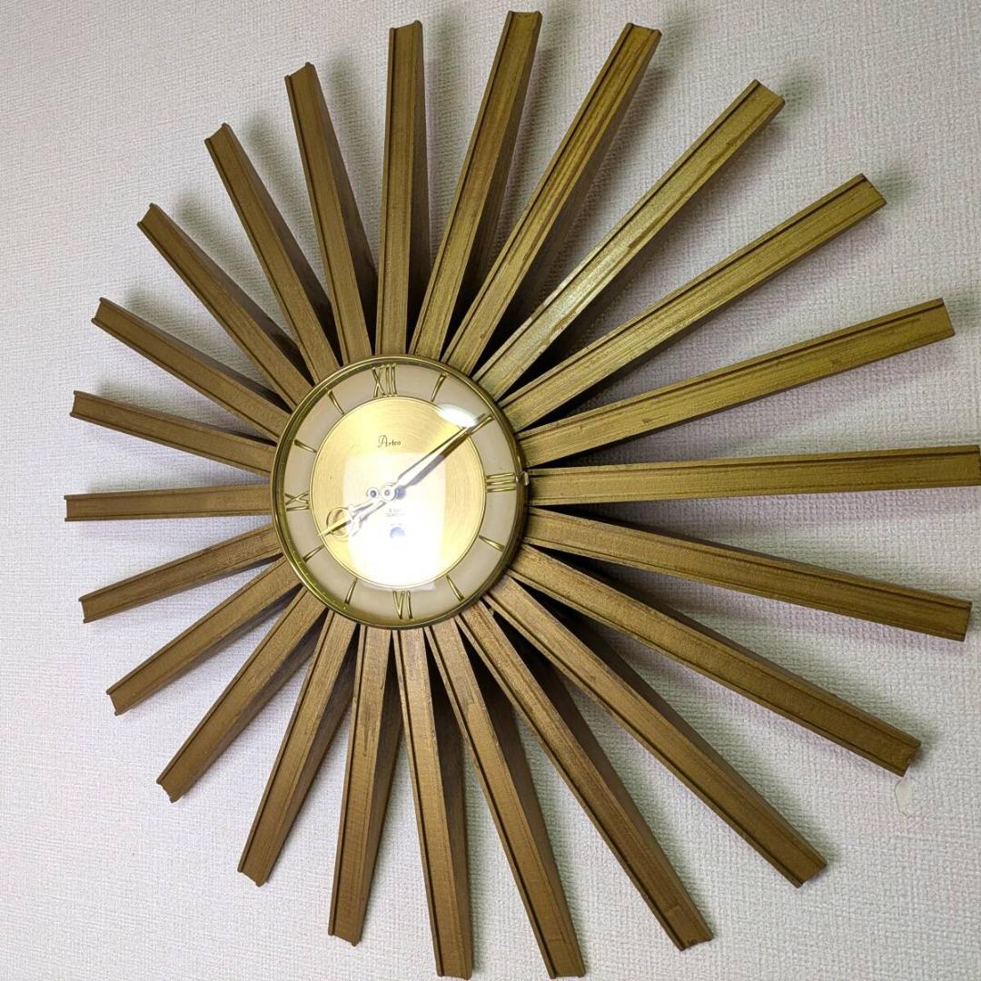 USA Artco社 木製サンバースト 金色 手巻掛時計 58cm ビンテージ