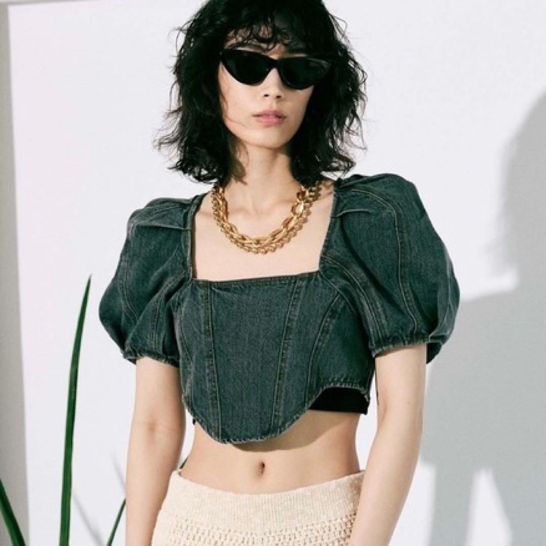 MAISON SPECIAL クロップド デニム トップス パフスリーブ 黒