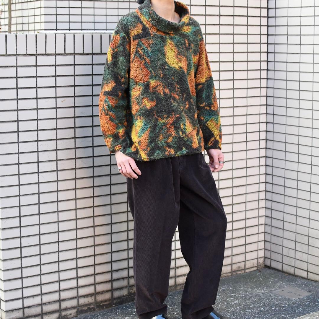 古着 タートルネック フリース カットソー 総柄 柄