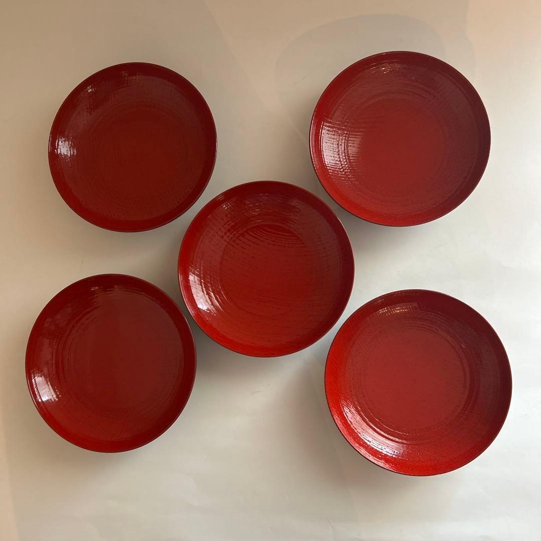 内本朱外茶漆塗り銘々皿　むさしの漆工芸　5客　茶道具