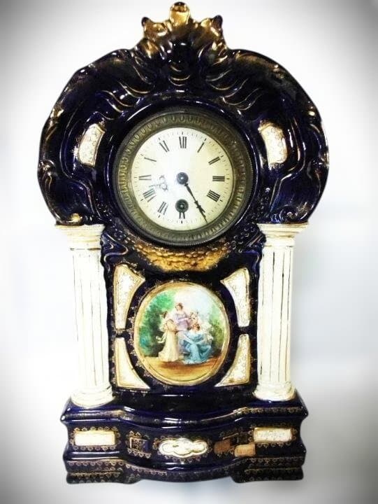 イギリス製 陶磁器 置き時計 ゼンマイ式 アナログ 作動品 時代物 骨董