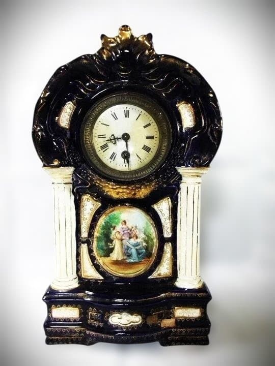 イギリス製 陶磁器 置き時計 ゼンマイ式 アナログ 作動品 時代物 骨董