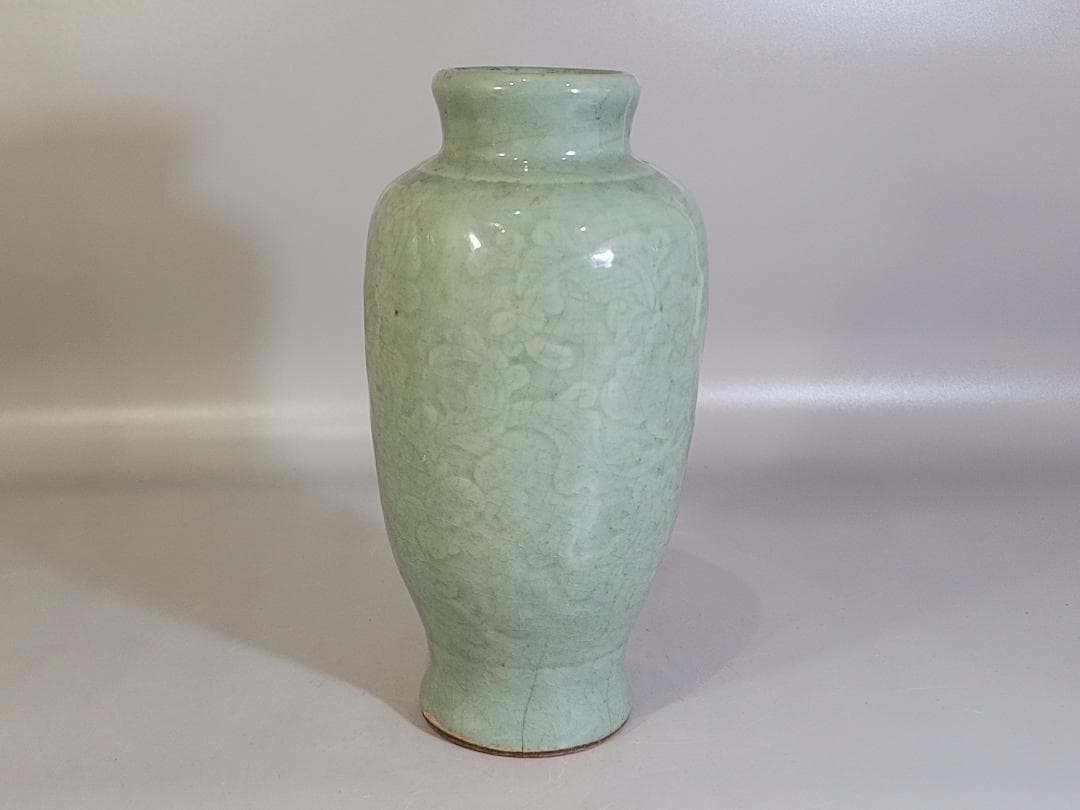 古美術 中国 七官青磁 纏枝蓮花紋 花瓶 茶道具伝来