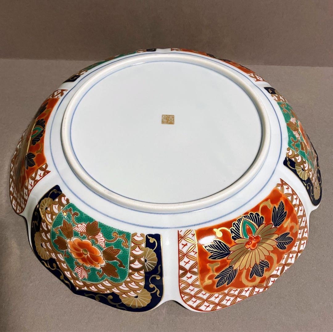 青藍 古伊万里様式 金襴手 大皿 花形 うさぎ 月 波