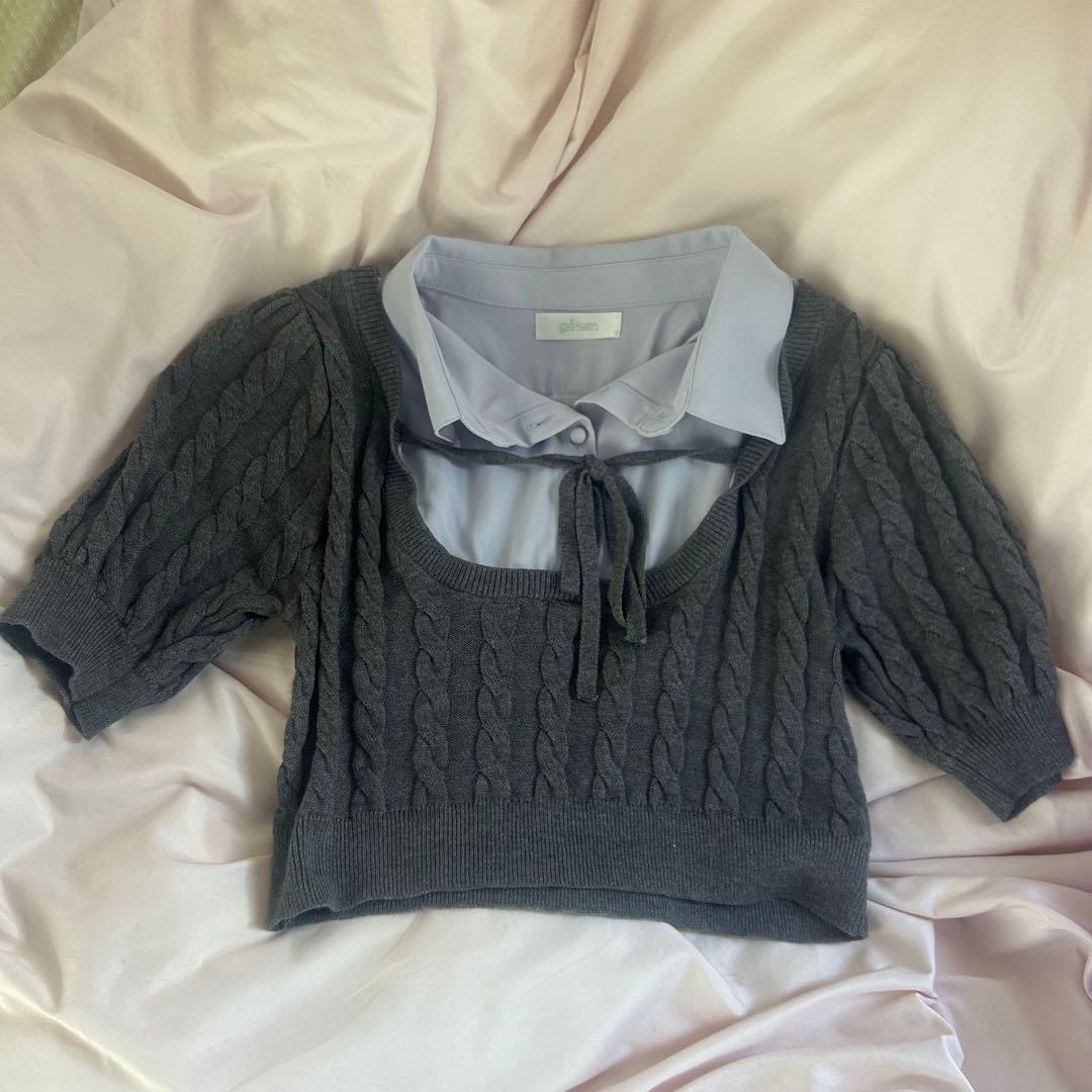 pium レイヤードケーブルニット チャコール 半袖