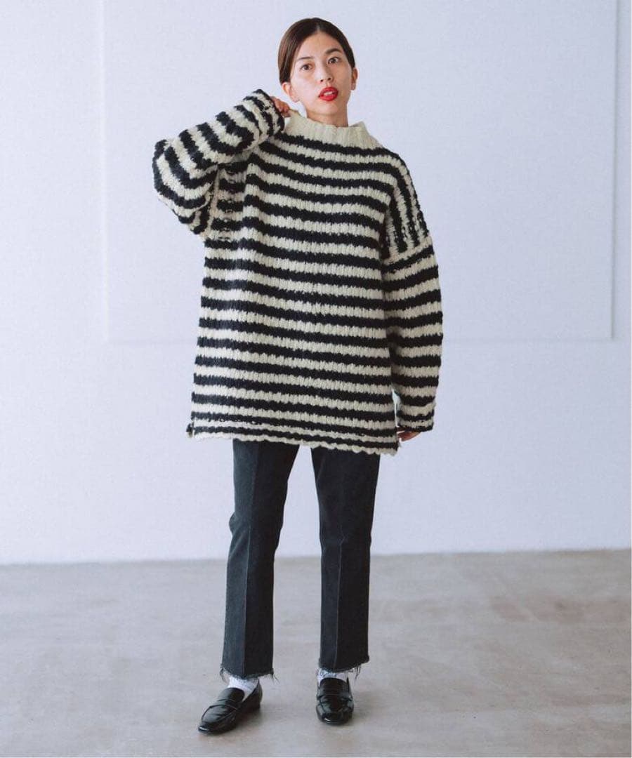 IENA BLACK ハイネックボーダーニット