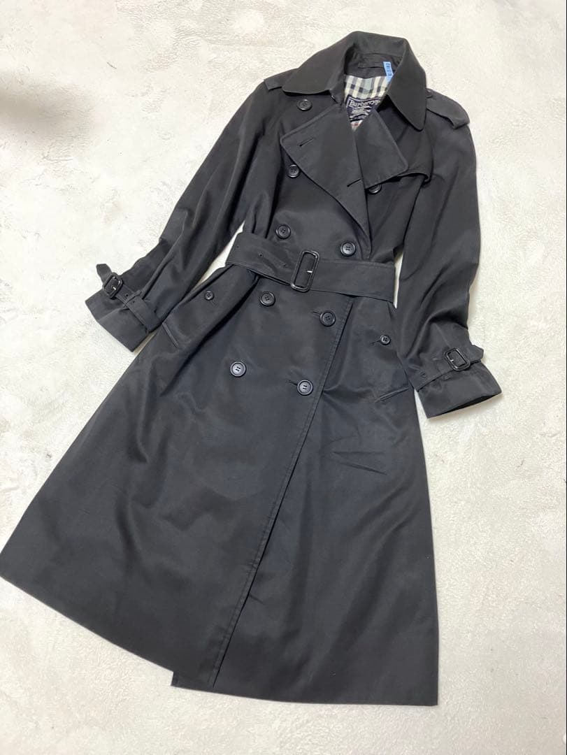 バーバリー 英国製 トレンチコート ロング 裏ノバチェック総柄 ベルト　黒　S