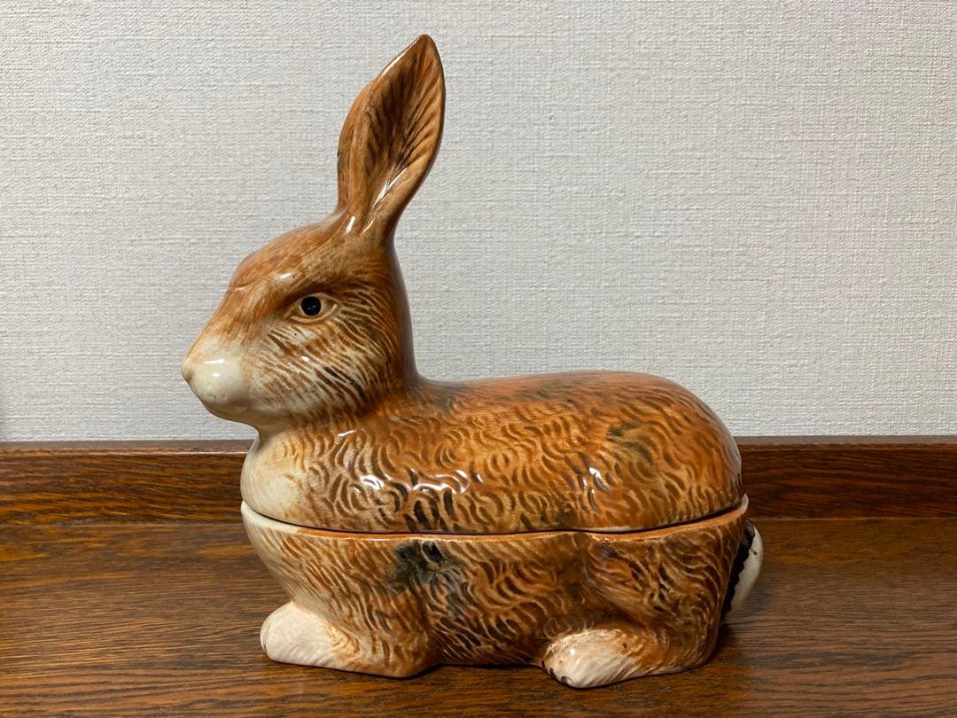 【WN７】フランス陶器☆うさぎ型テリーヌポット コーガン作 マジョリカ焼き
