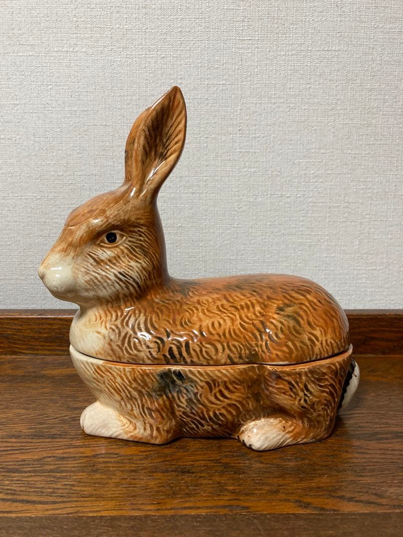 【WN７】フランス陶器☆うさぎ型テリーヌポット コーガン作 マジョリカ焼き