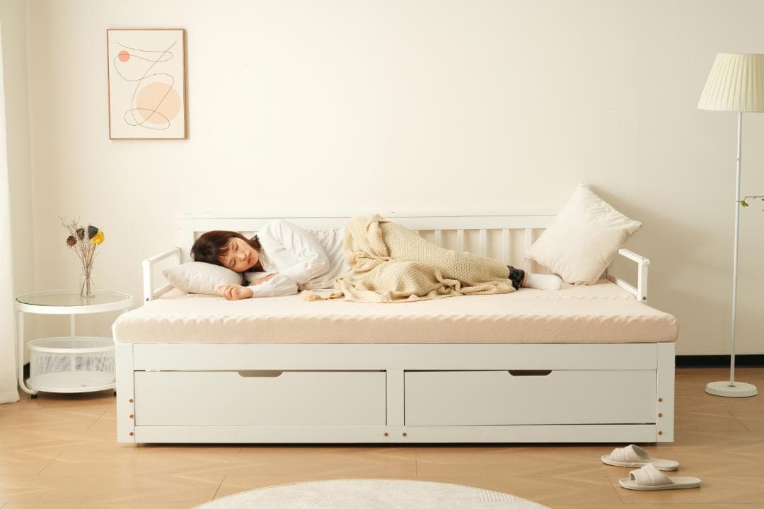 赤字セール！ソファベッド ディベッド 伸長式ベッド 木製 引出付き　WHITE