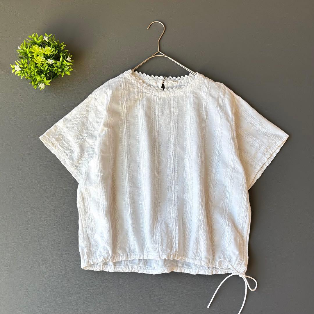 45Rインドカラミレース deTシャツ　半袖ブラウス　コットン100 ホワイト