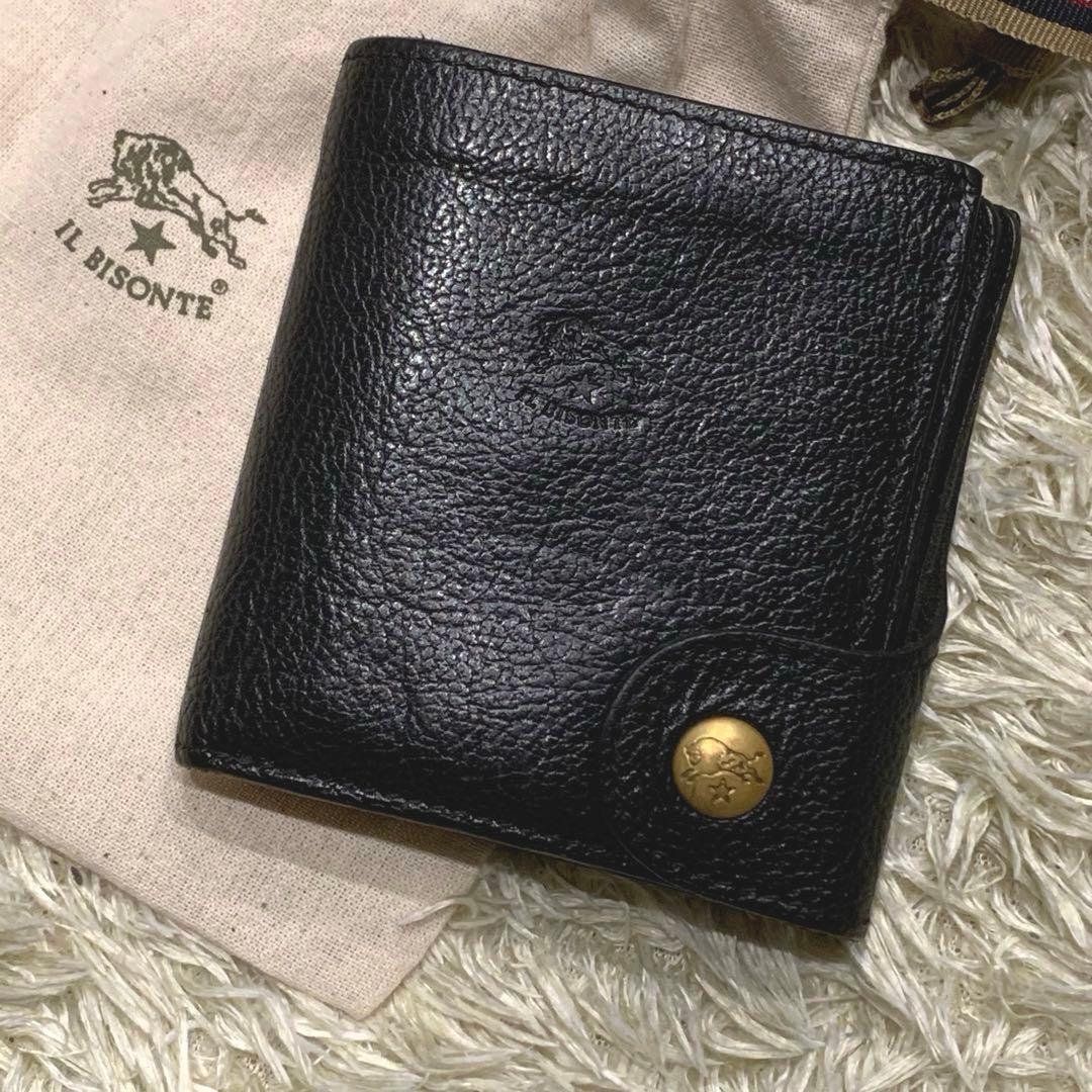 美品✨ イルビゾンテ 二つ折り財布 レザー 金ボタン 多機能 ブラック