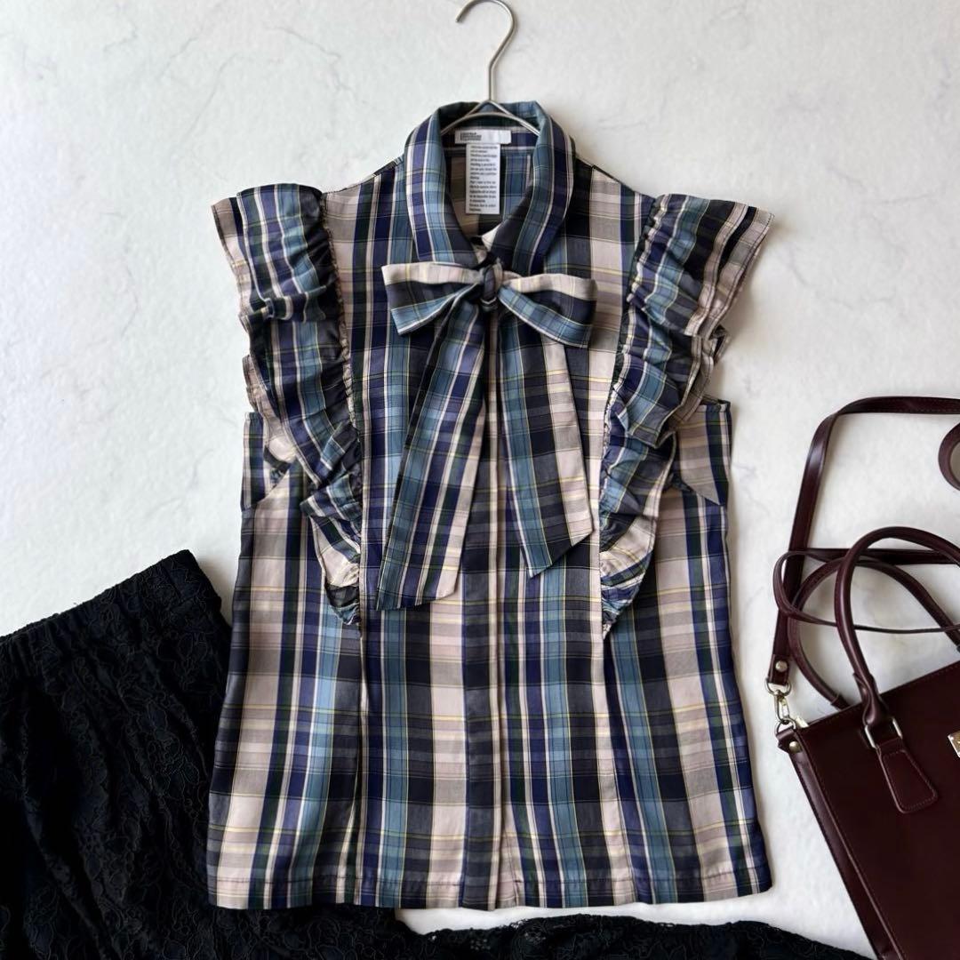 美品ダブルスタンダードクロージング テンセルチェックブラウスボウタイ完売品 秋