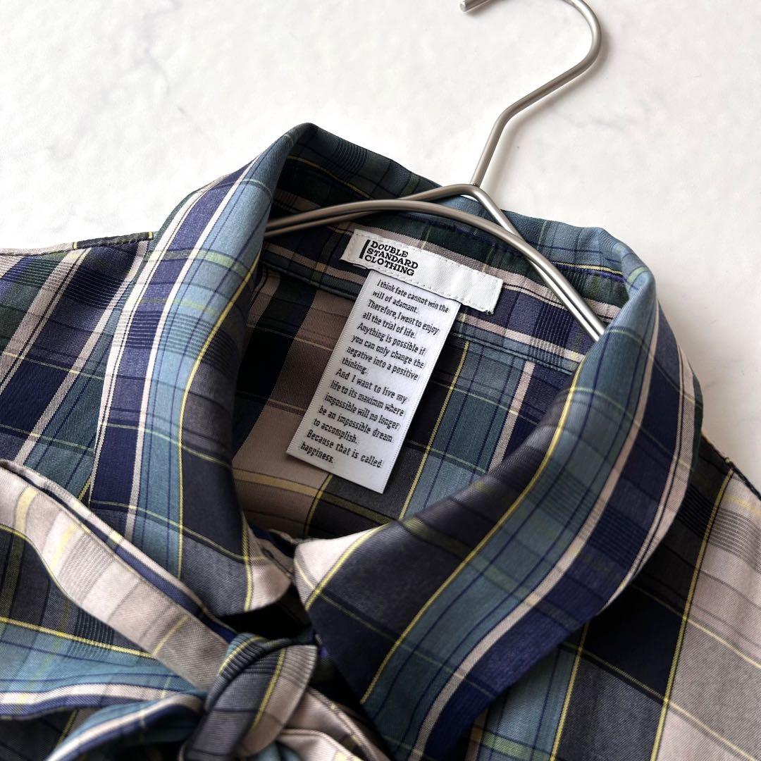 美品ダブルスタンダードクロージング テンセルチェックブラウスボウタイ完売品 秋