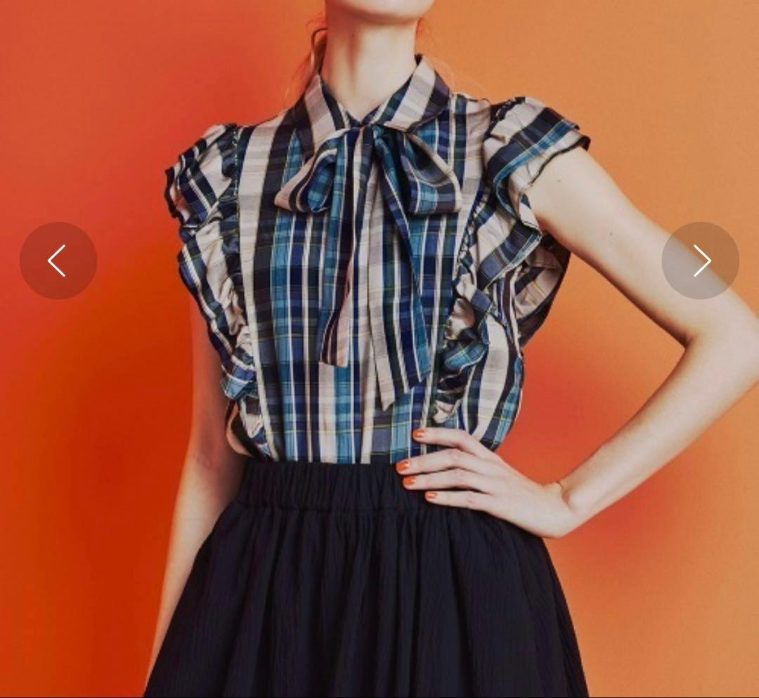 美品ダブルスタンダードクロージング テンセルチェックブラウスボウタイ完売品 秋