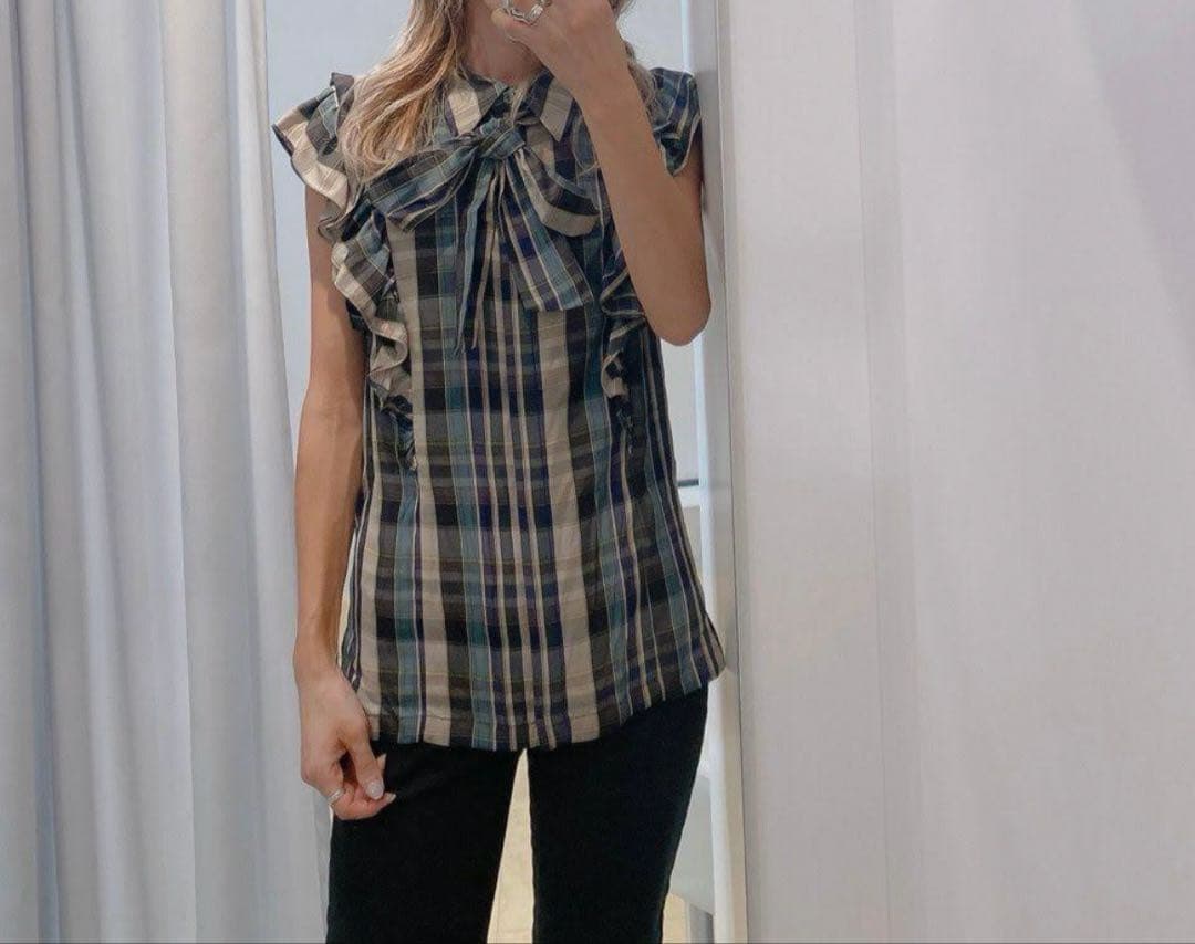 美品ダブルスタンダードクロージング テンセルチェックブラウスボウタイ完売品 秋