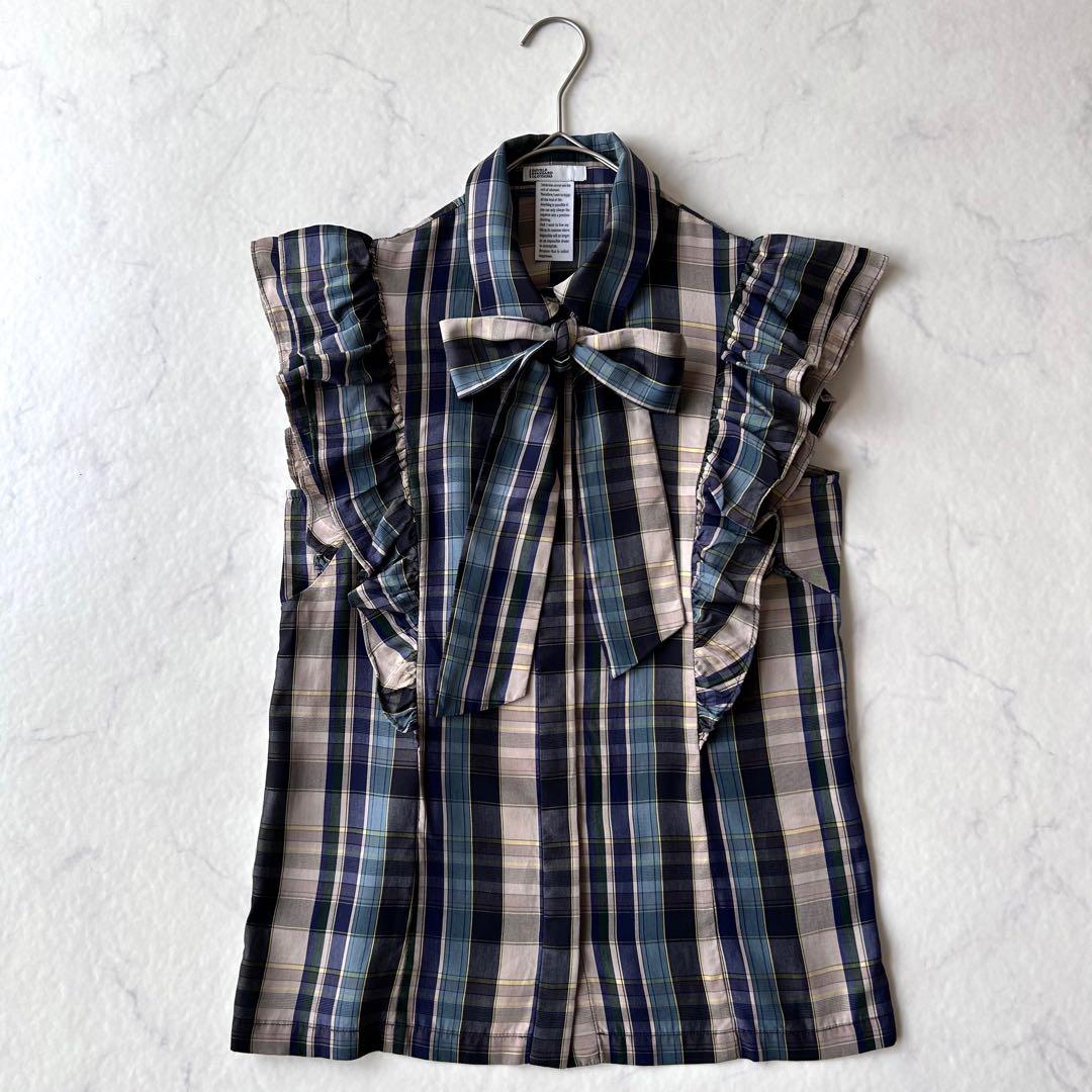美品ダブルスタンダードクロージング テンセルチェックブラウスボウタイ完売品 秋
