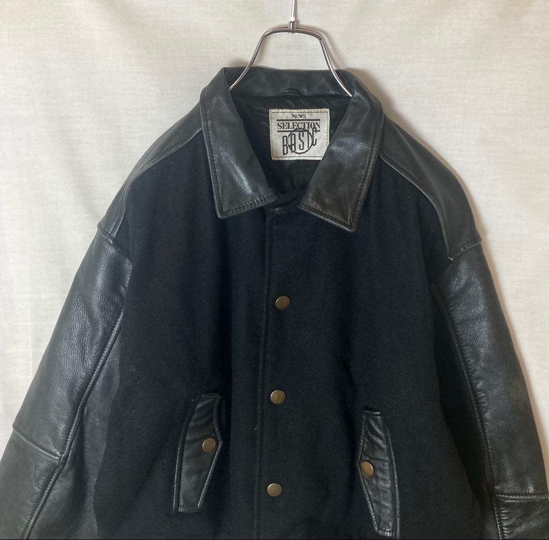 レトロ古着レザー×ウール×オールブラックデザイン襟付きスタジャン中綿入りゆったり