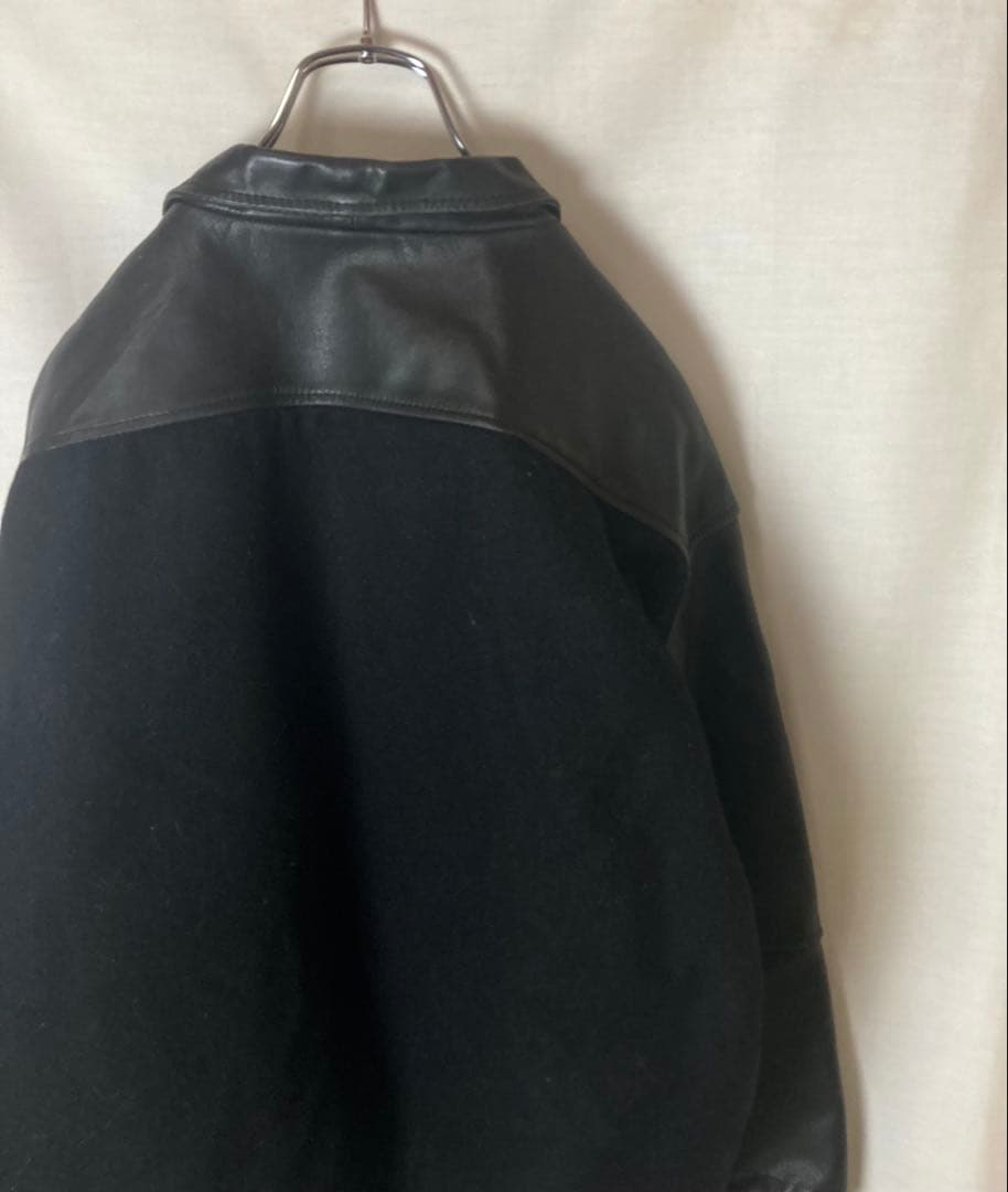レトロ古着レザー×ウール×オールブラックデザイン襟付きスタジャン中綿入りゆったり