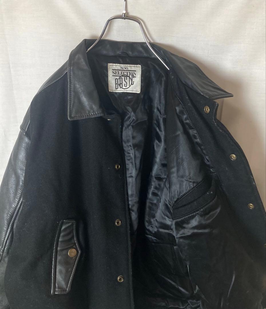レトロ古着レザー×ウール×オールブラックデザイン襟付きスタジャン中綿入りゆったり