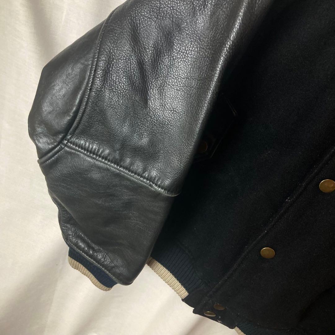 レトロ古着レザー×ウール×オールブラックデザイン襟付きスタジャン中綿入りゆったり