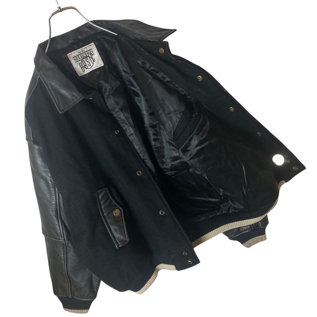 レトロ古着レザー×ウール×オールブラックデザイン襟付きスタジャン中綿入りゆったり