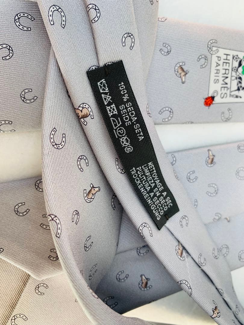 【極美品】エルメス　シルク　ネクタイ　馬蹄柄　グレー