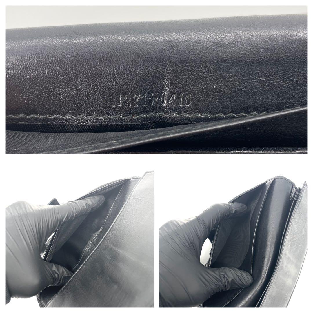 美品✨グッチ 長財布 レザー Wホック GGシマ ブラック 金ロゴプレート